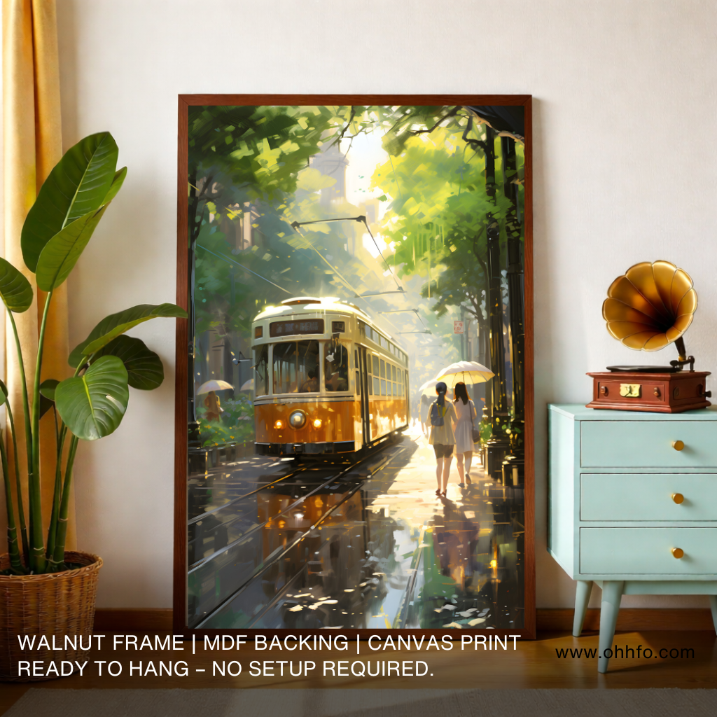 Tram Street Canvas Wall Art – City Evening Painting