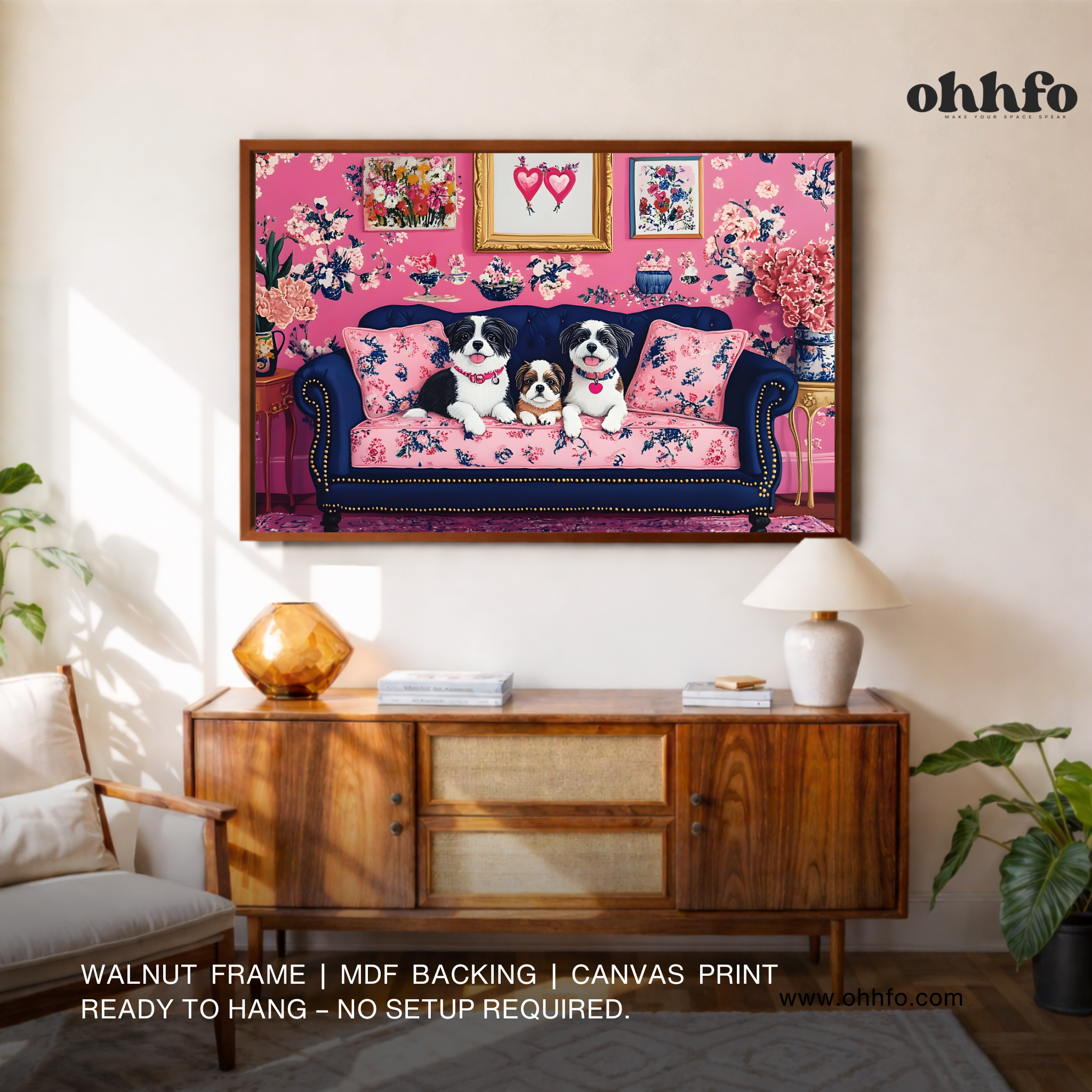 Cute Dogs on Floral Sofa Canvas Wall Art