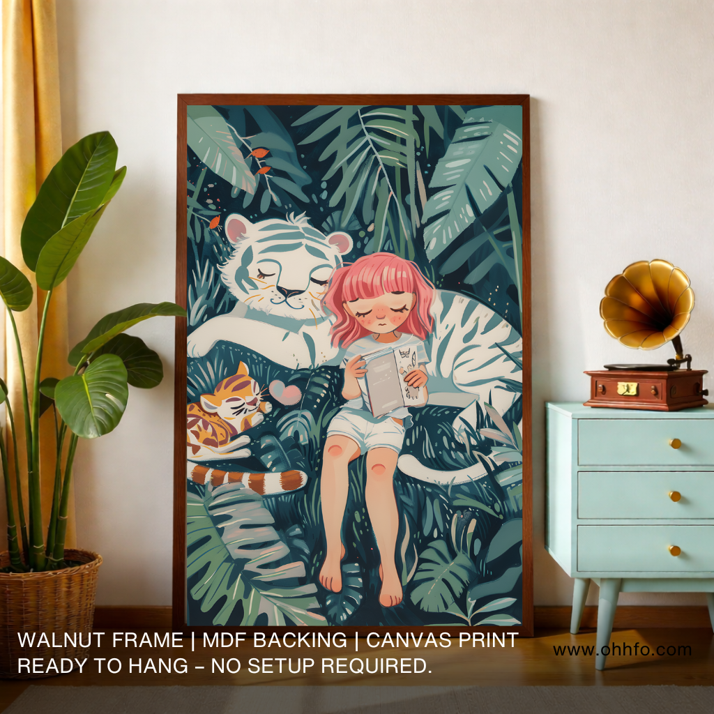 Cute Girl & White Tiger Nursery Canvas Wall Art
