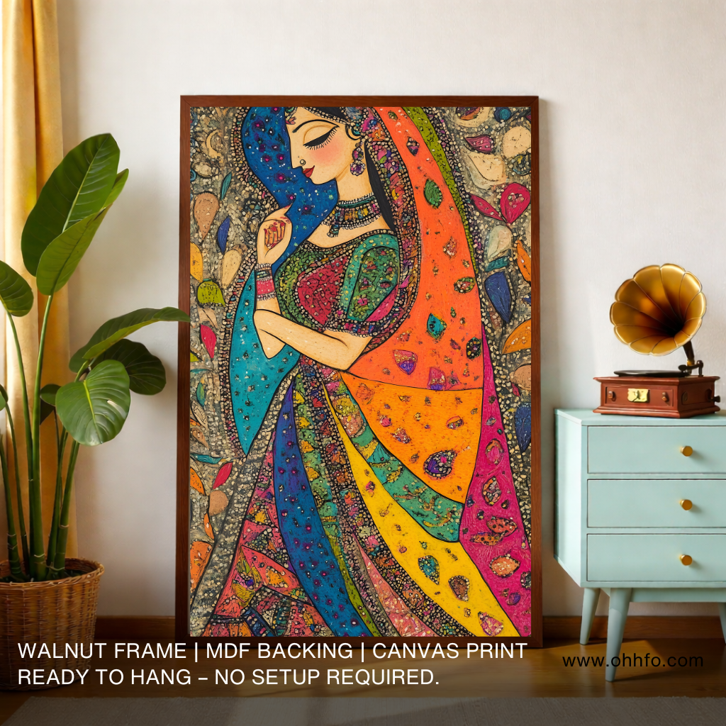 Colorful Rajasthani Woman Canvas Wall Art – Traditional Indian Painting
