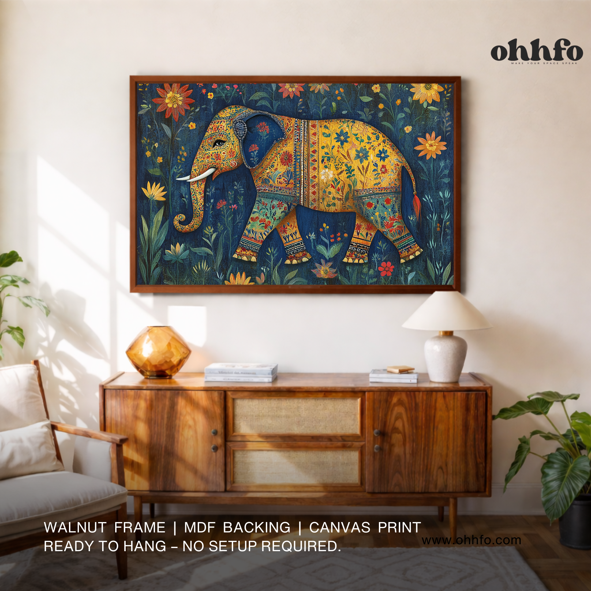 Floral Elephant Canvas Wall Art – Traditional Indian Folk Décor