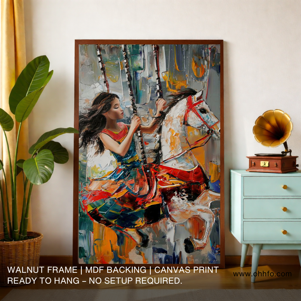 Whimsical Fair: Girl and Horse Abstract Canvas Wall Art