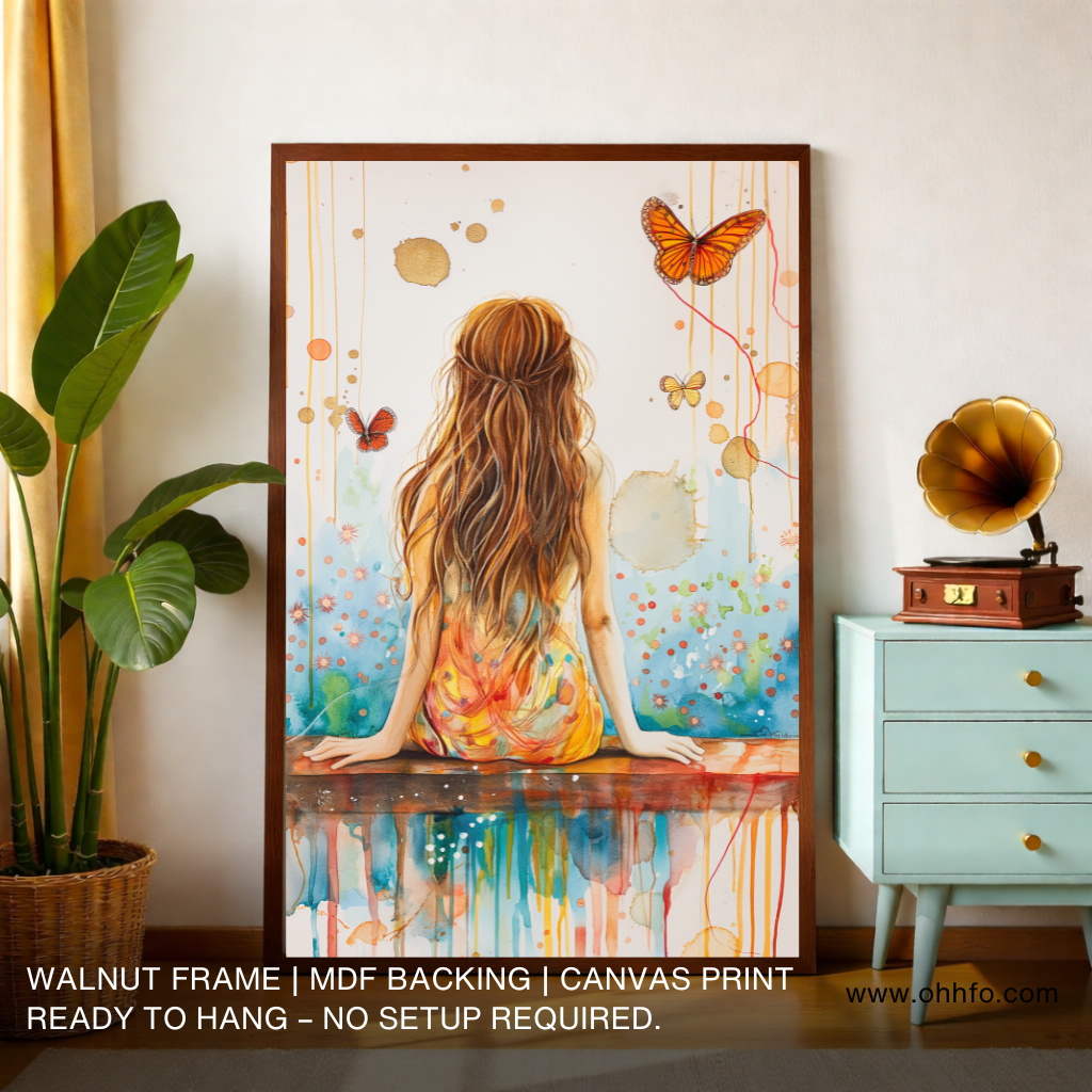 Girl Watching Butterfly Wall Art – Abstract Canvas Print for Calm & Whimsical Home Decor