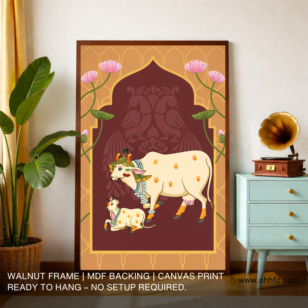 Sacred Cow & Calf Canvas Wall Art – Traditional Hindu Religious Decor