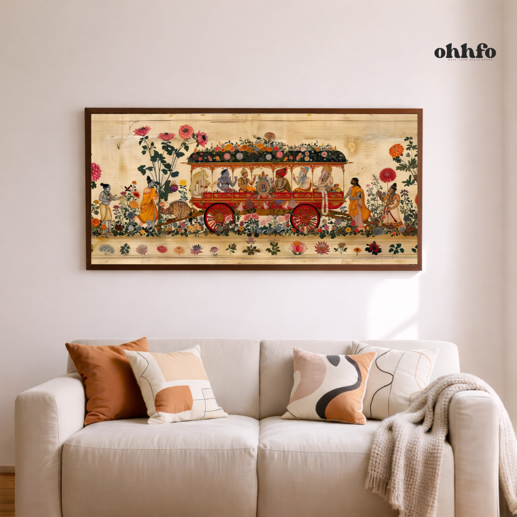 Traditional Indian Rath Yatra Chariot Wall Art with Botanical Floral Border