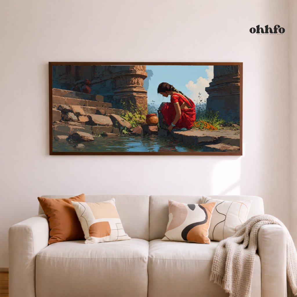 Indian Village Woman by Water Canvas Wall Art