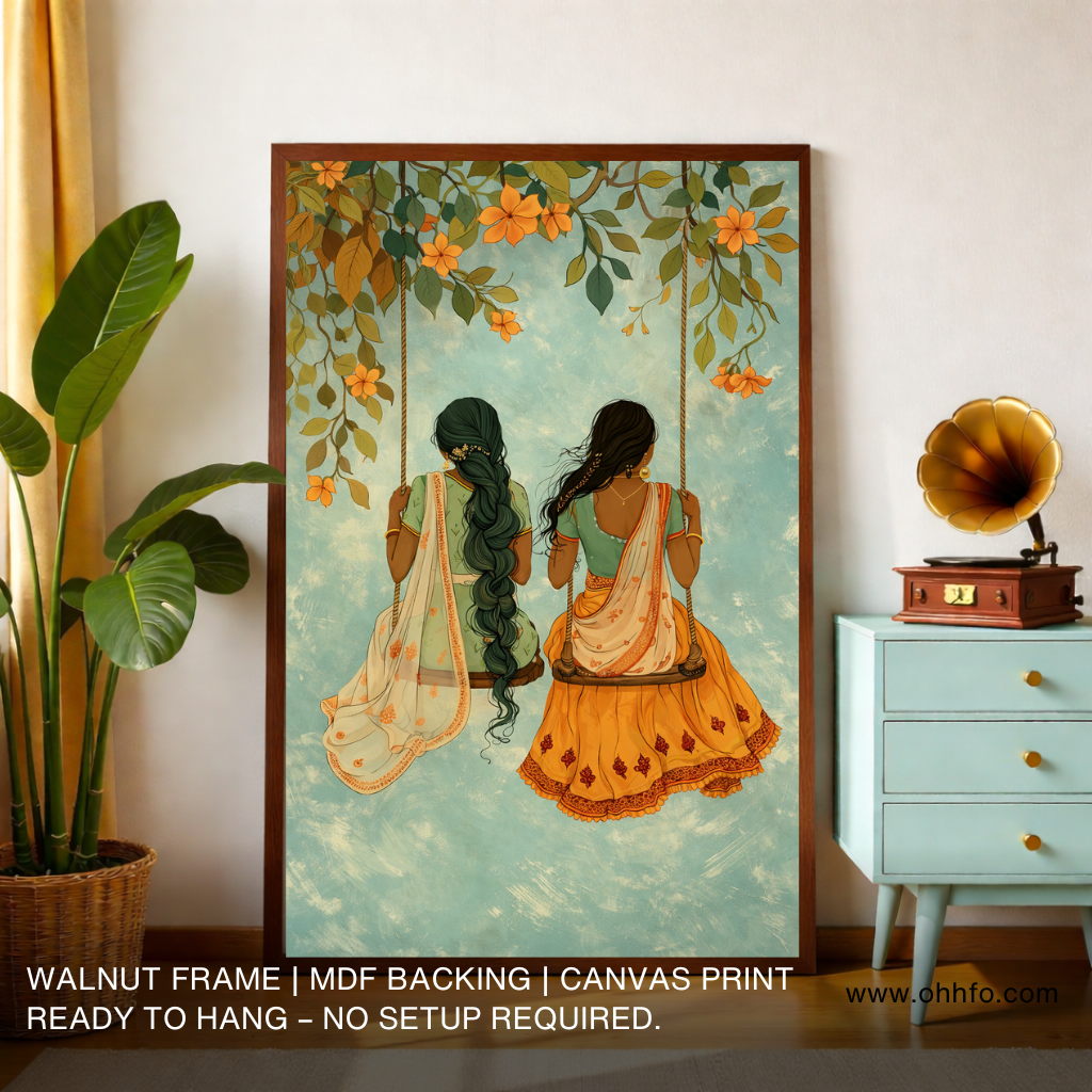 Golden Swing of Memories – Indian Women on Floral Jhula Canvas Wall Art