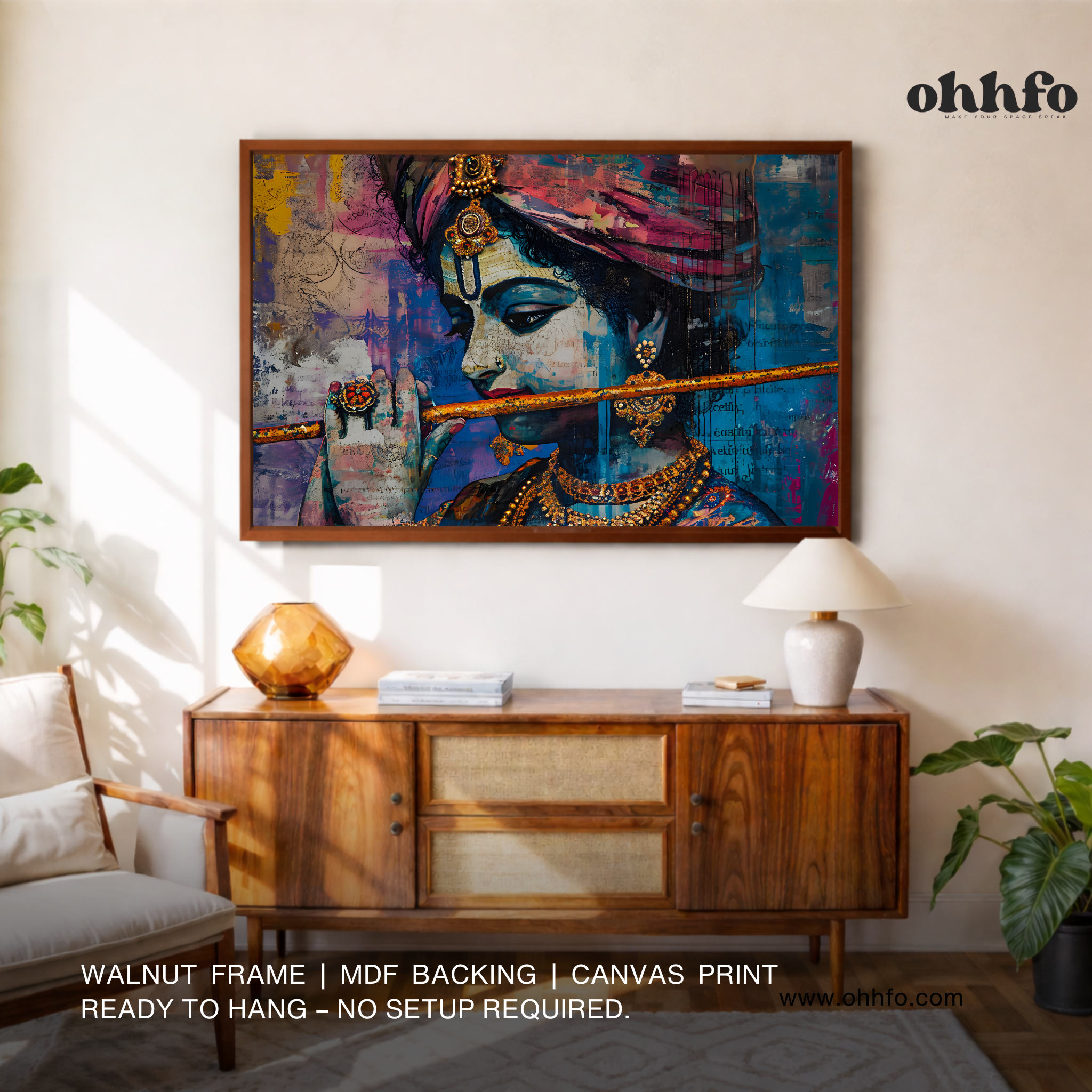 Framed Krishna Playing Bansuri Wall Art – Divine Indian Spiritual Decor