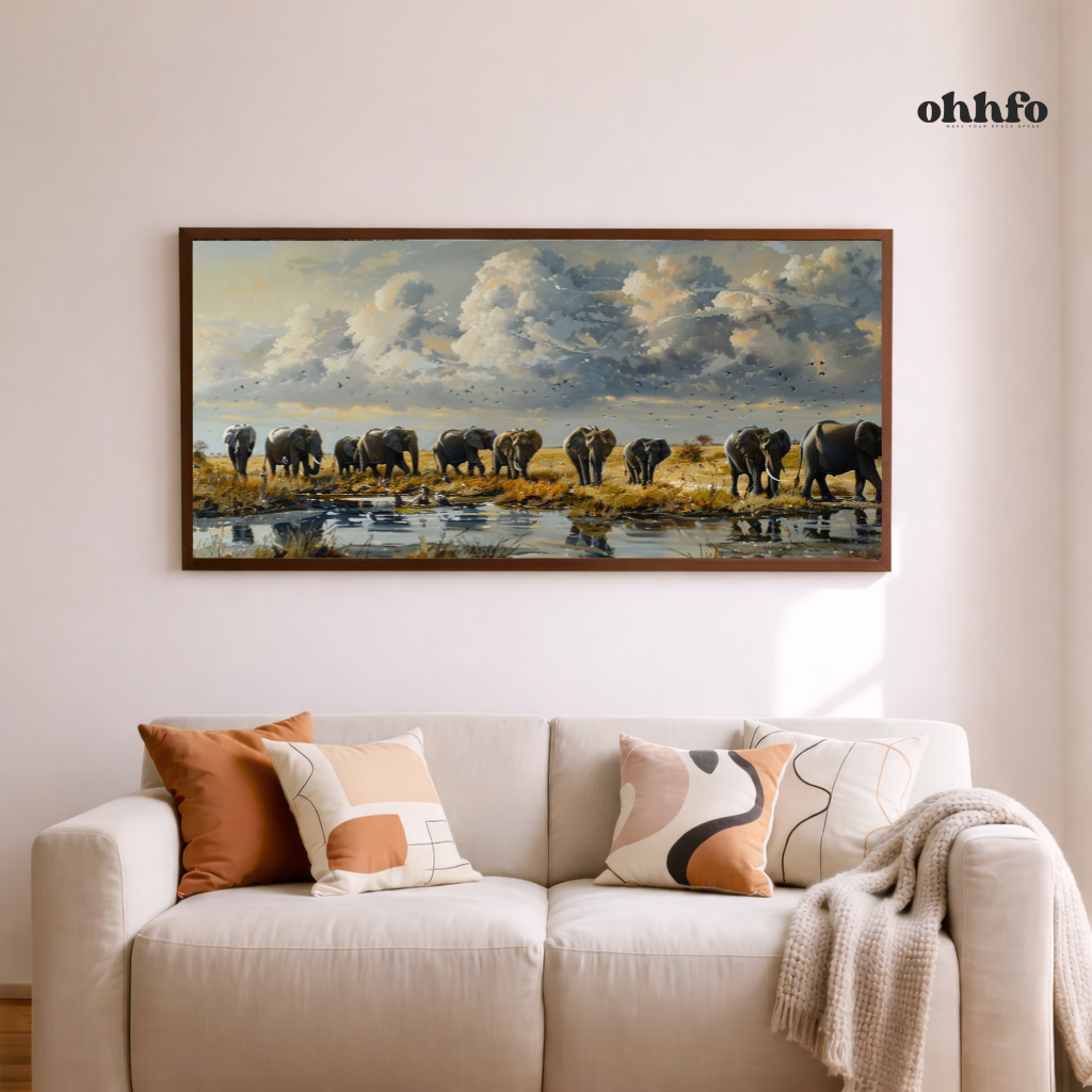 Majestic Elephant Herd at Watering Hole Wall Art