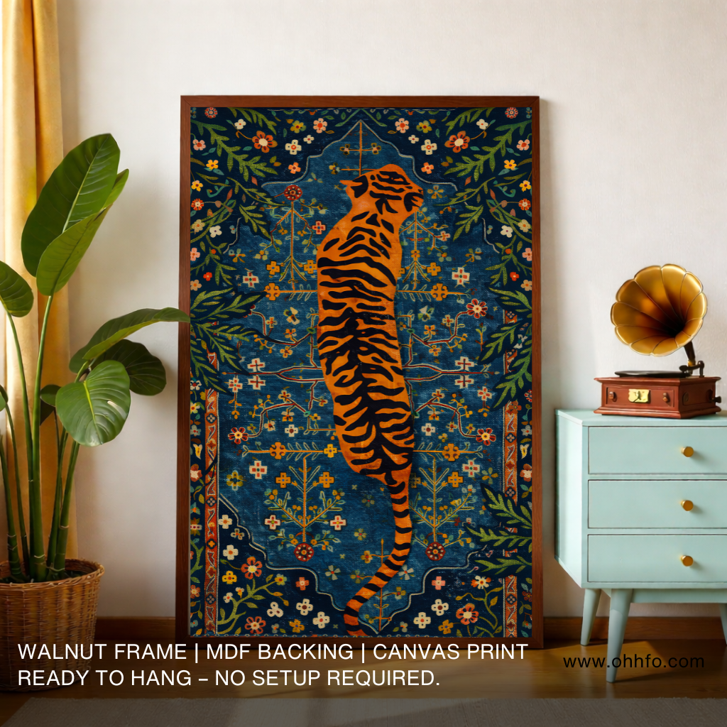 Majestic Tiger Folk Art Canvas Wall Art with Floral Pattern