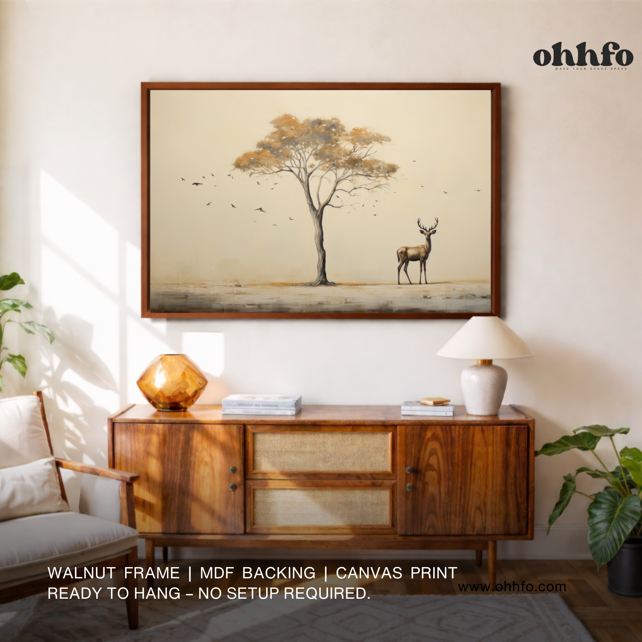 Minimalist Deer Under Tree Canvas Wall Art