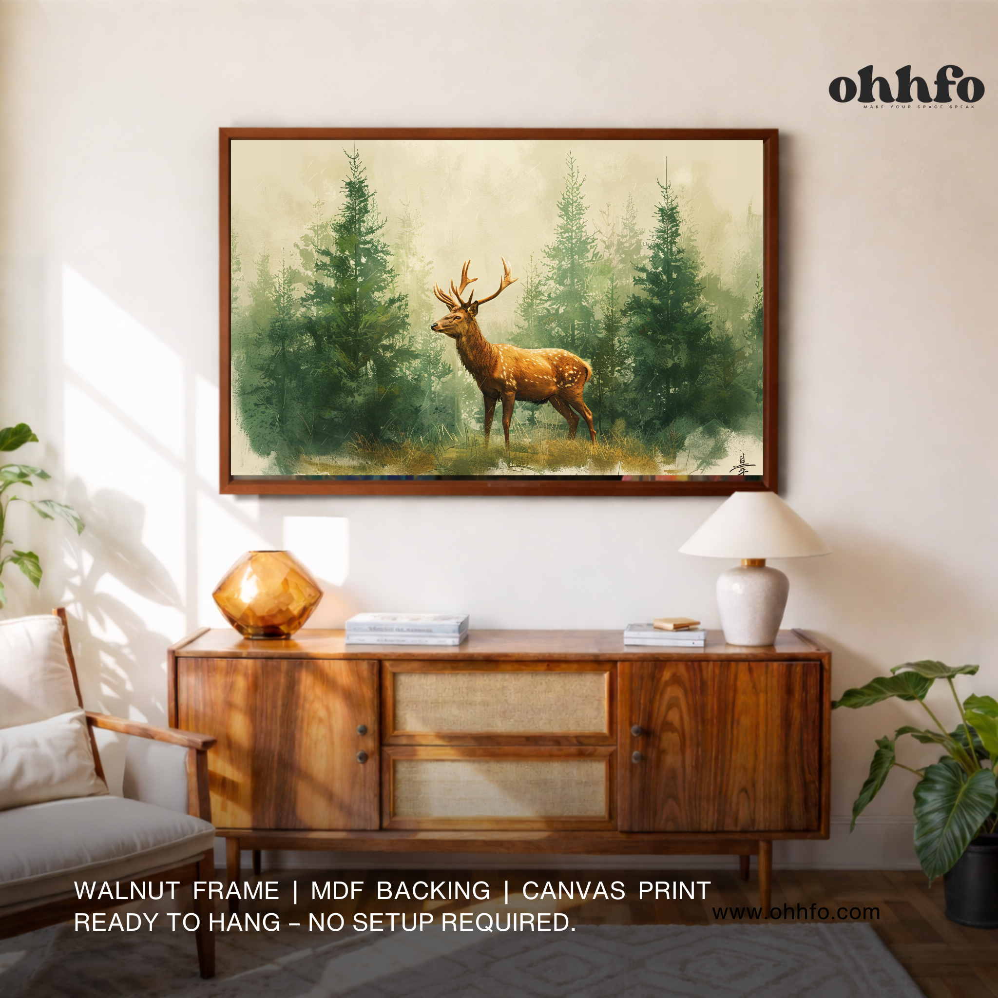 Misty Forest Deer Wall Art – Watercolor Wildlife Canvas Painting