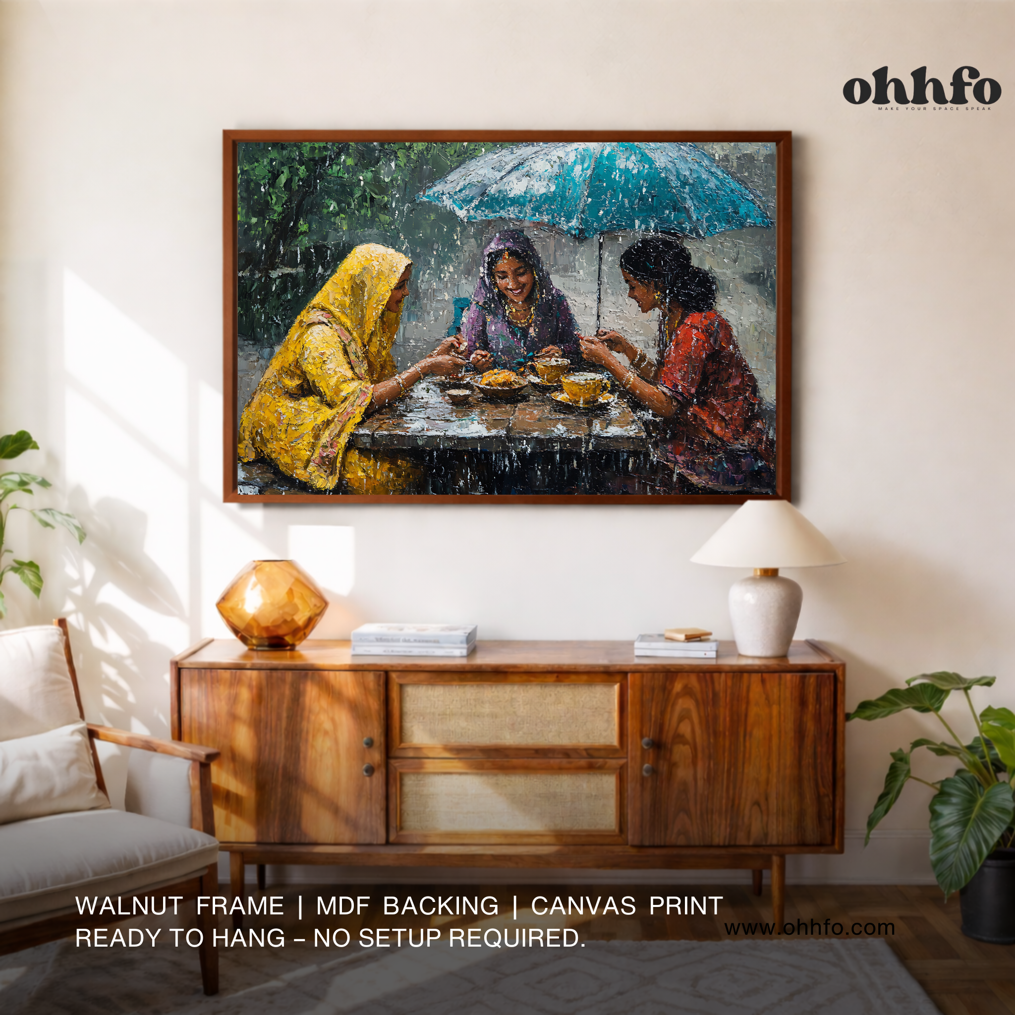 Monsoon Conversations – Women Sharing Tea Canvas Wall Art
