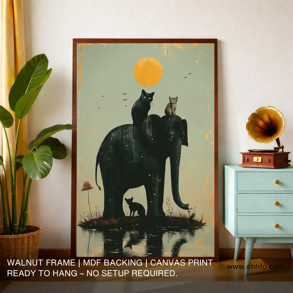 Elephant and Cats Canvas Wall Art– Moonlight Animal Painting