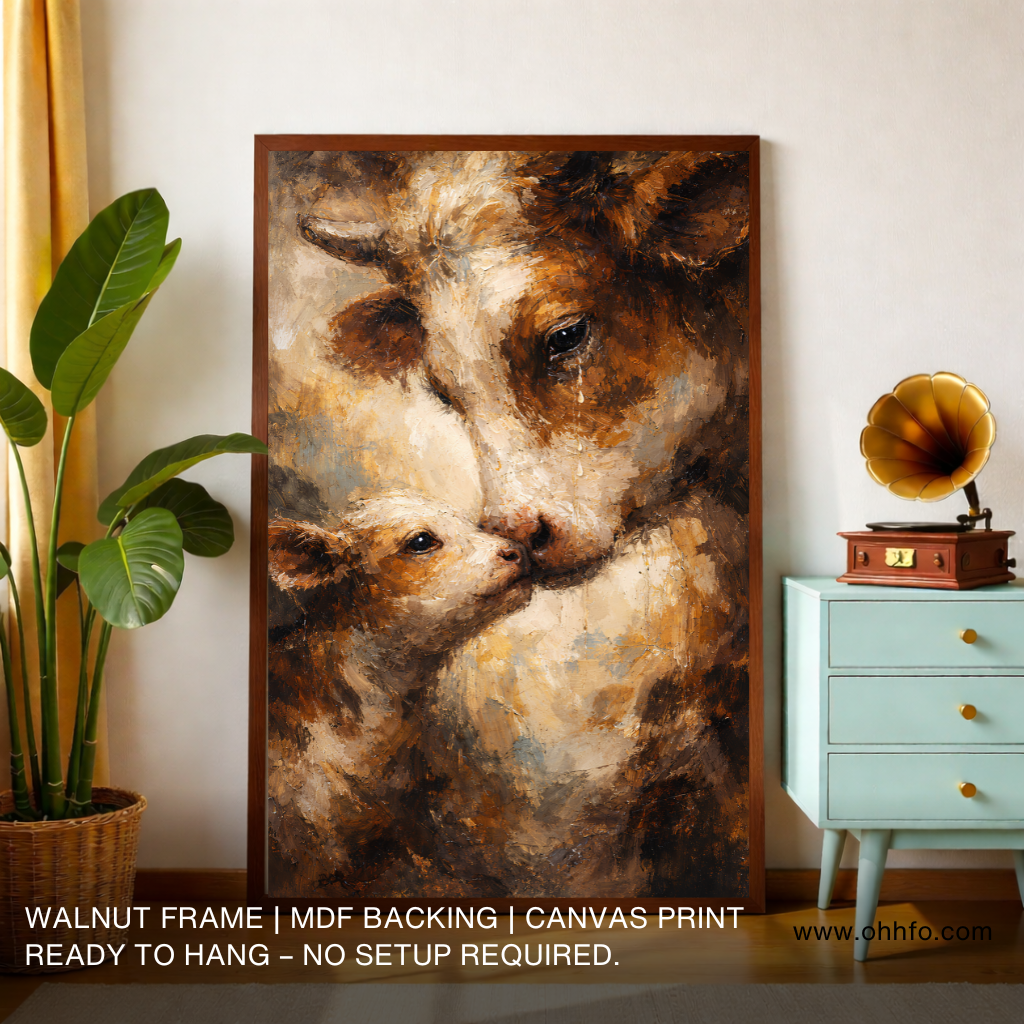 Mother Cow and Calf Emotional Canvas Wall Art
