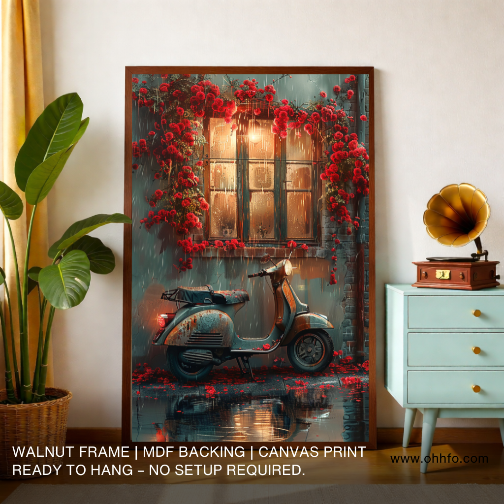 Romantic Scooter by Window Canvas Wall Art