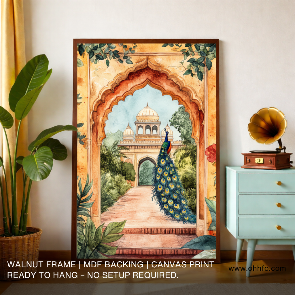 Peacock in Mughal Garden Arch Canvas Wall Art