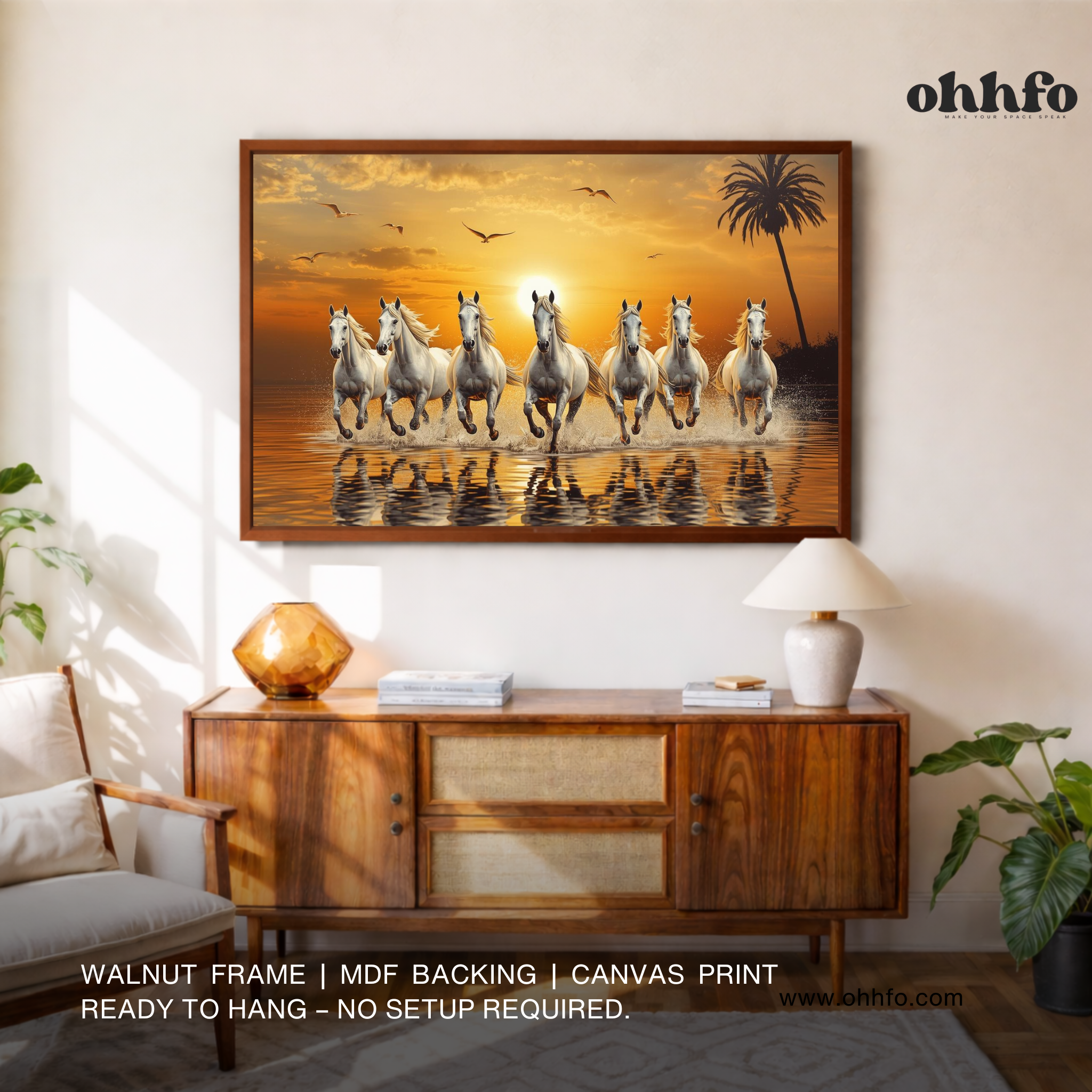 Seven Running Horses Canvas Wall Art - Vastu-Inspired Sunset Painting for Home & Office Decor