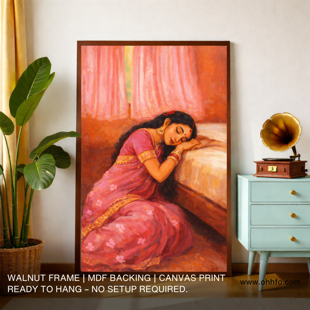 Serene Sleeping Woman in Pink Saree – Traditional Indian Emotional Wall Art