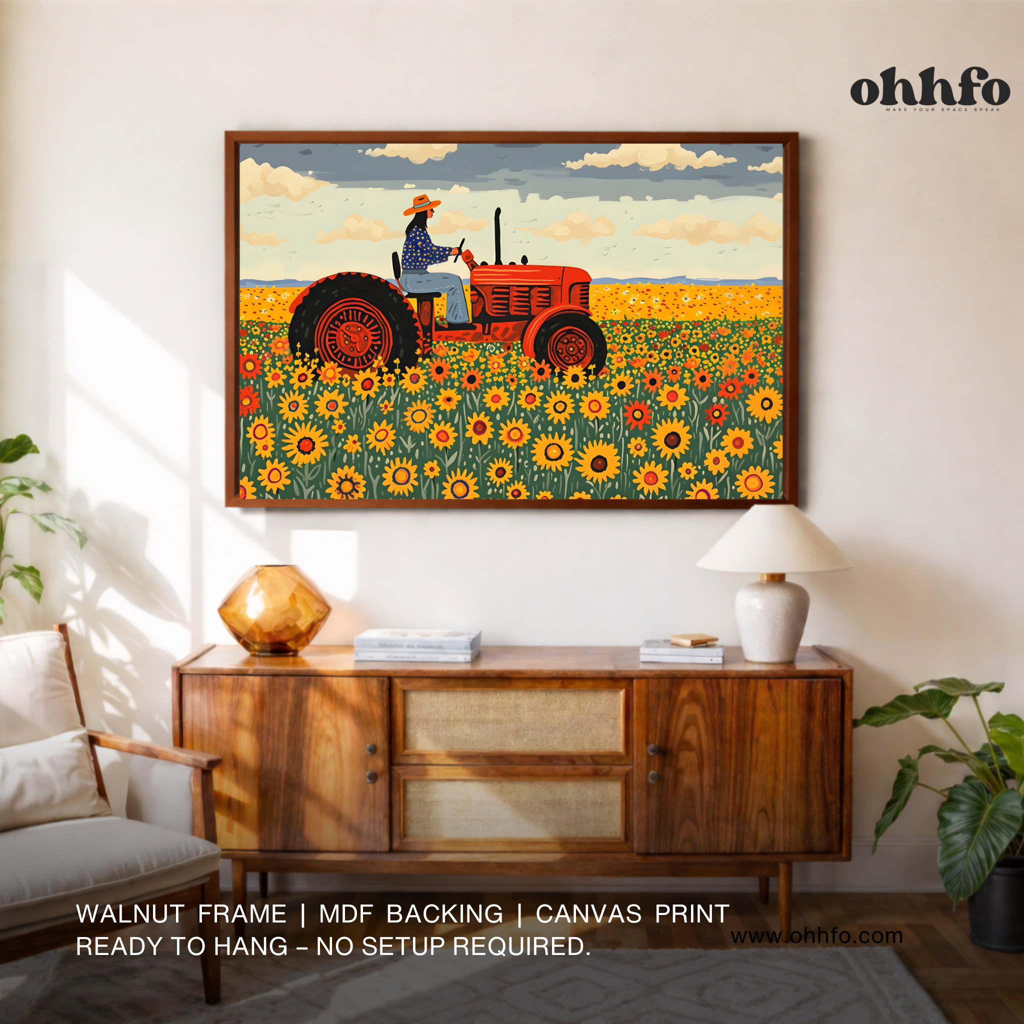 Sunflower Field Tractor Folk Art Canvas Wall Art