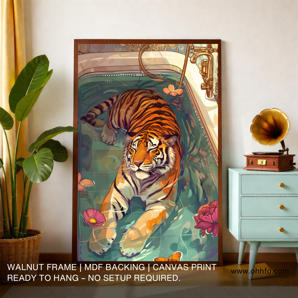 Relaxed Majesty – Illustrated Tiger in Bathtub Wall Art