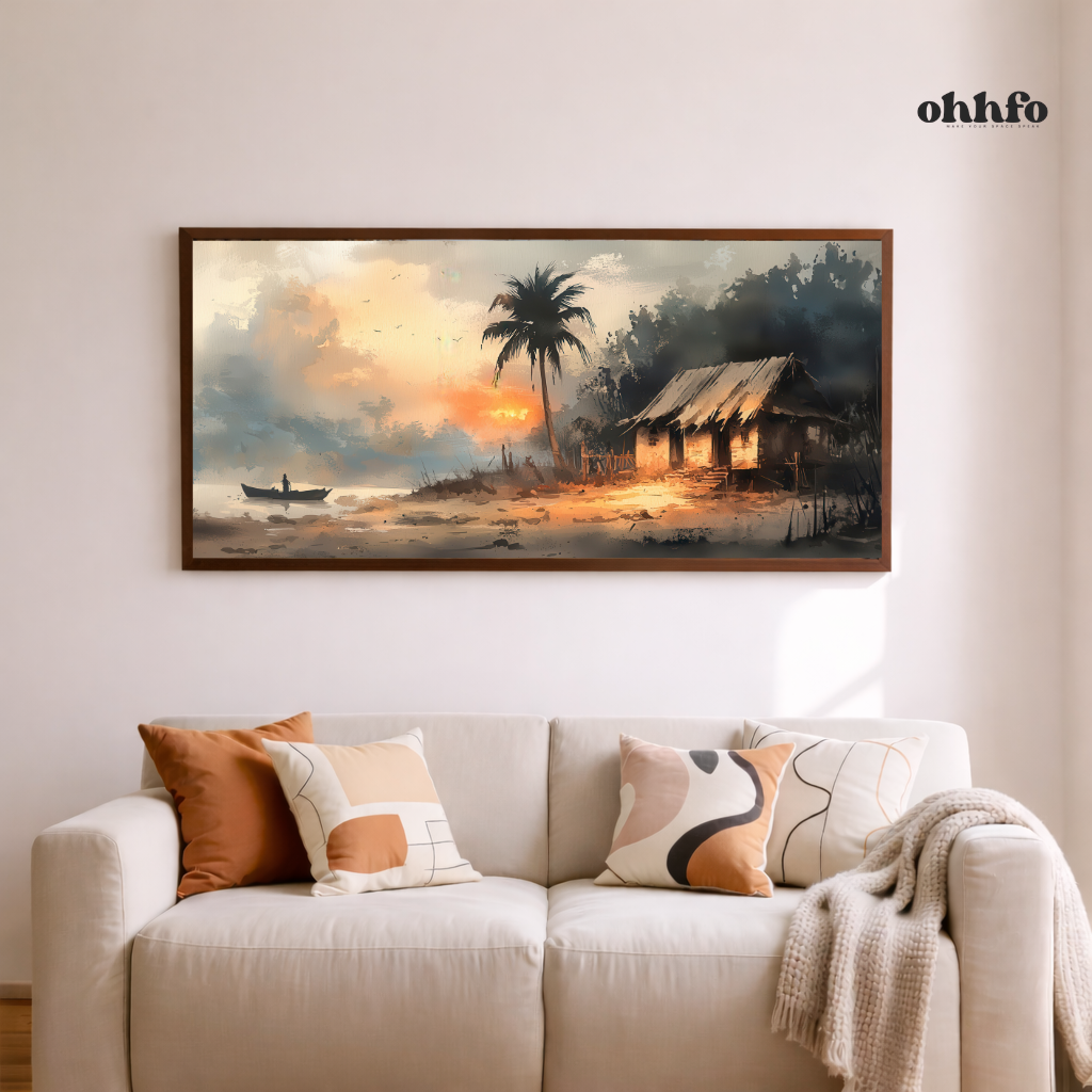 Tranquil Riverside Hut Sunset Wall Art