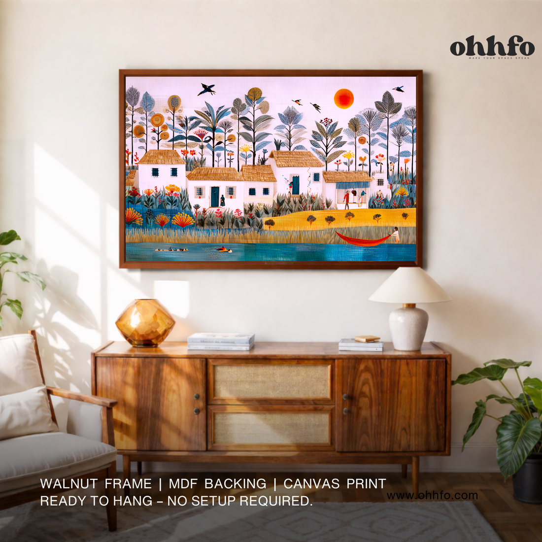 Tropical Village Life – Folk Art Canvas Wall Art
