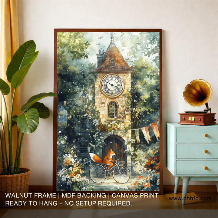 Whimsical Fox Clock Tower Canvas Wall Art