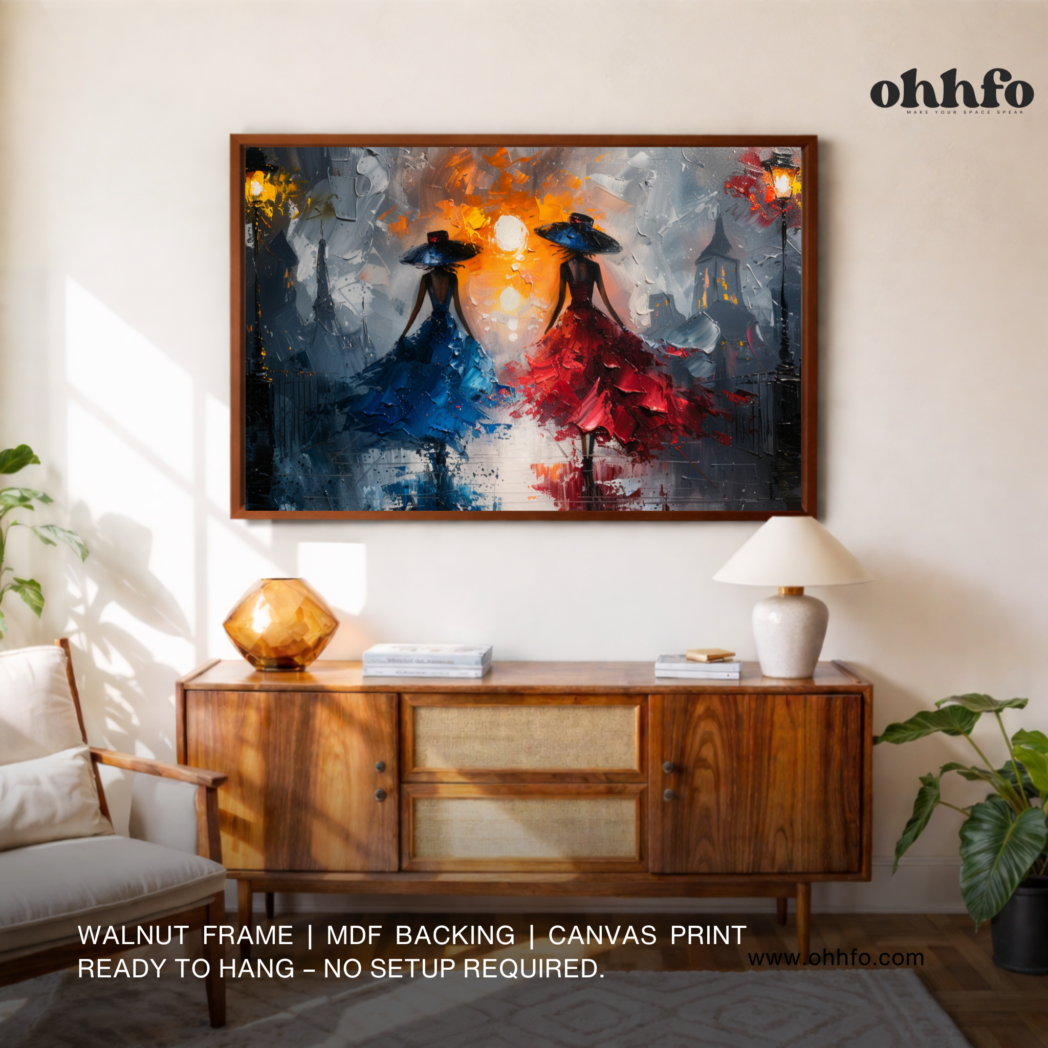 Midnight Elegance – Women in Red & Blue Dress Canvas Wall Art