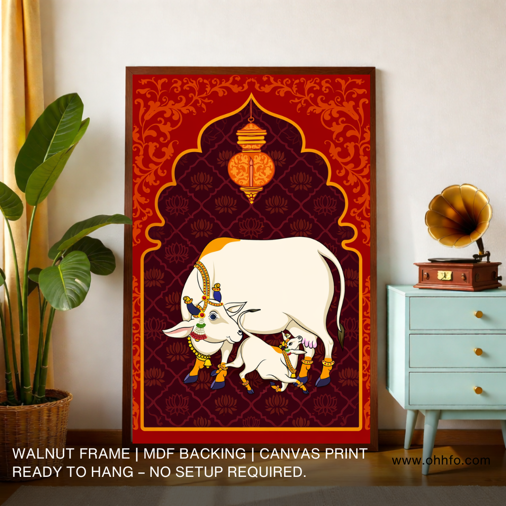 Sacred Cow and Calf Canvas Wall Art – Traditional Hindu Religious Decor