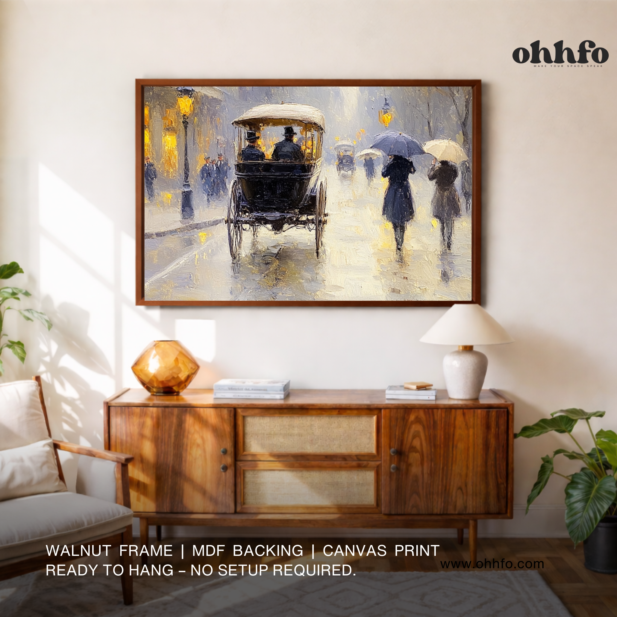 Vintage Rainy Street Carriage Canvas Wall Art – Classic European Evening Scene Painting