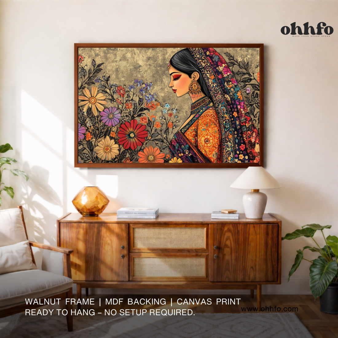 Traditional Indian Woman Canvas Wall Art – Madhubani Style Floral Décor