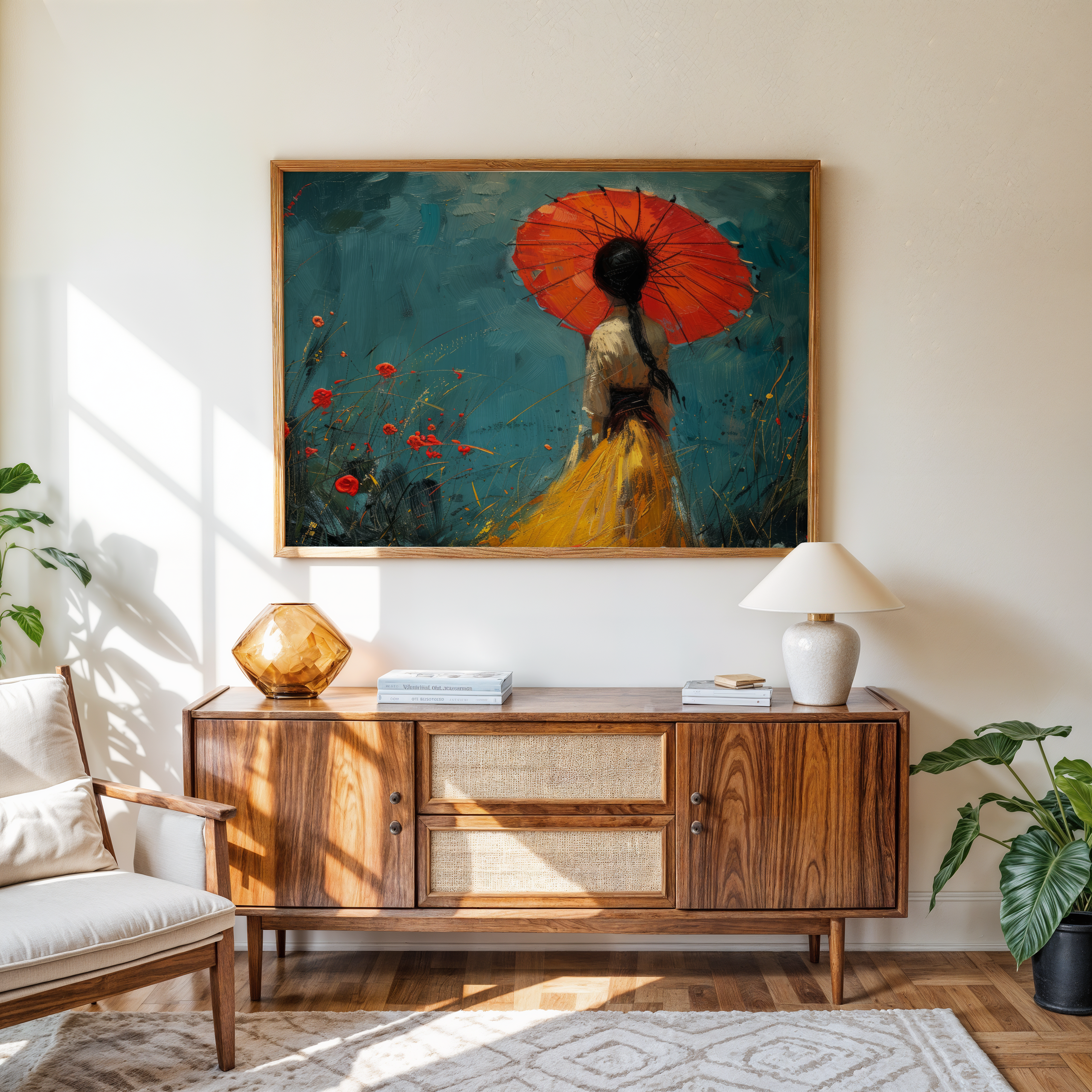 A girl holding a red umbrella in a yellow dress – Travel art print for canvas