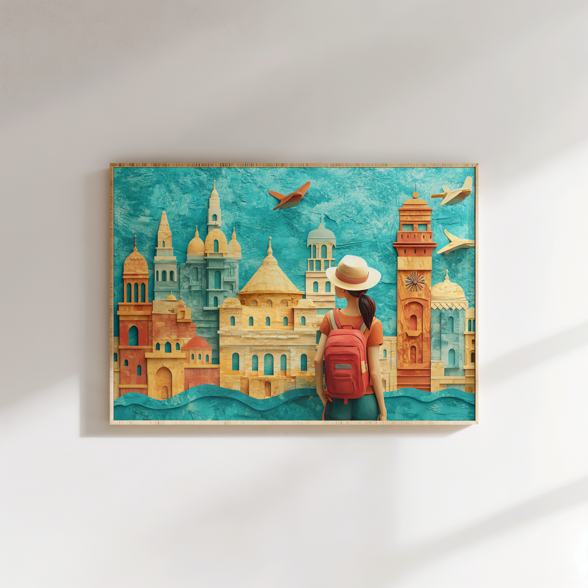 Travel-inspired artwork of a tourist girl facing historic monuments and airplanes