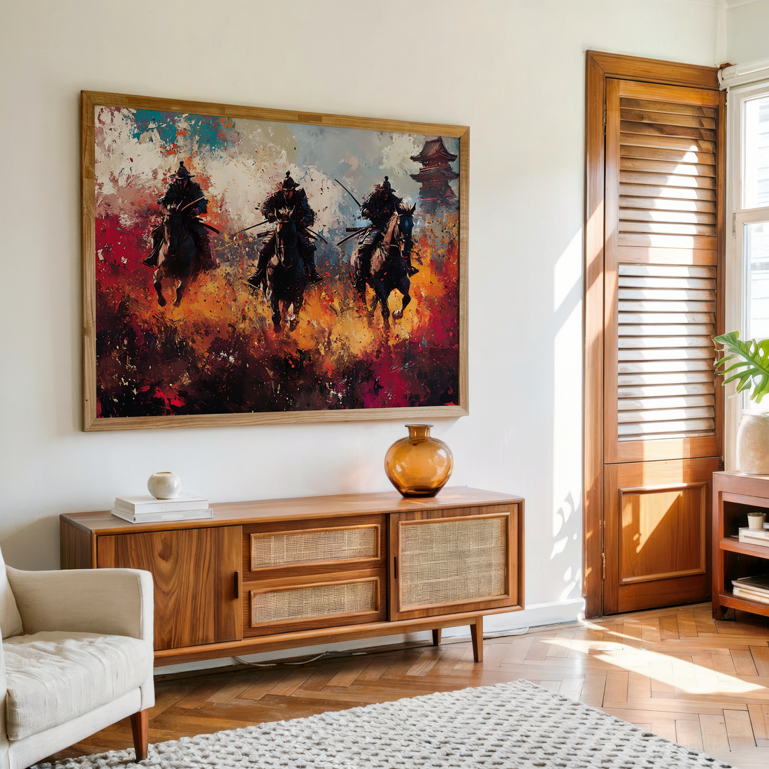Abstract wall art of samurai on horseback with swords drawn