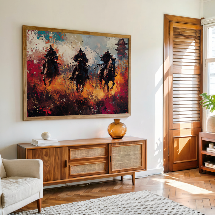 Abstract wall art of samurai on horseback with swords drawn