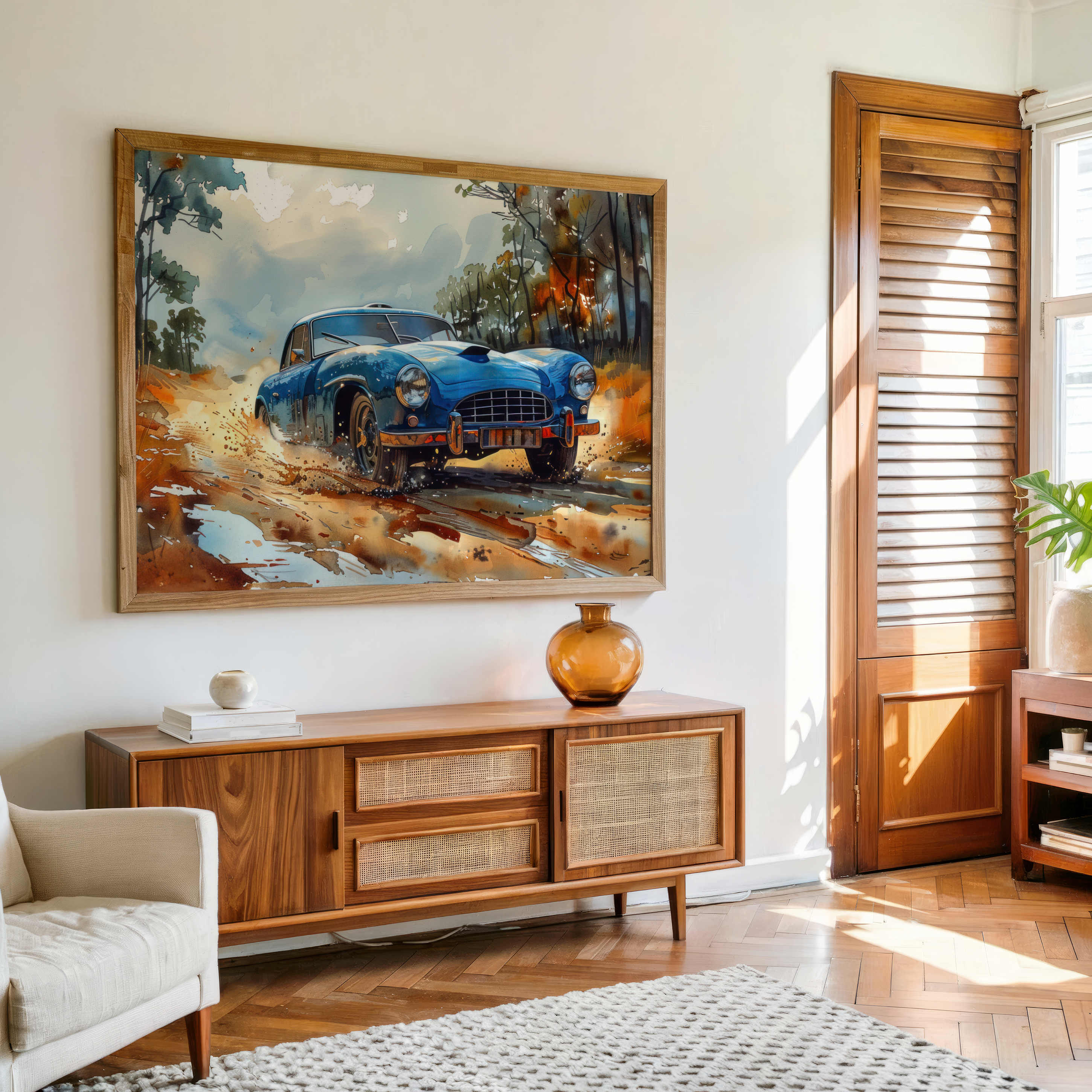 Vintage blue car canvas wall art