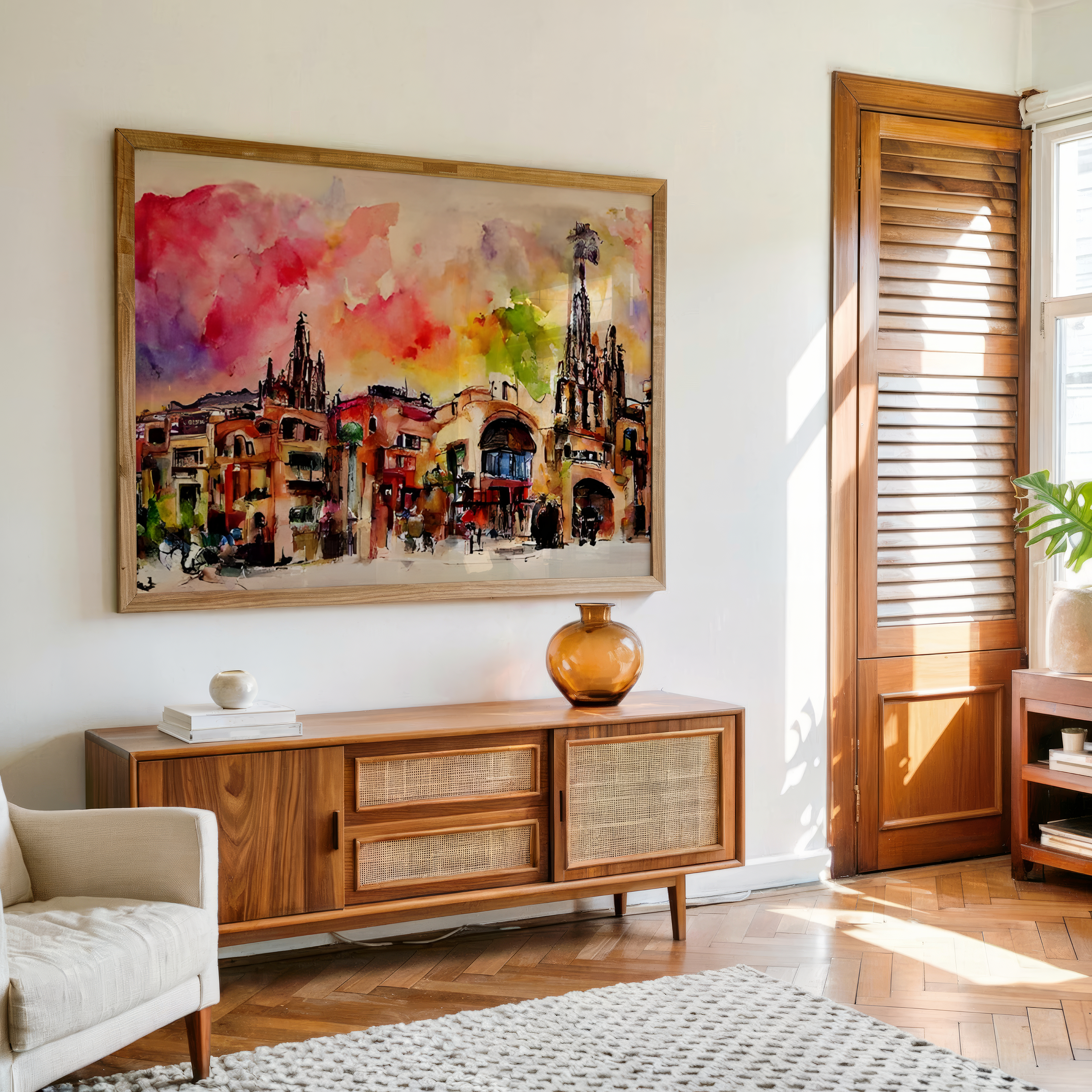 Watercolor painting of Barcelona cityscape wall art