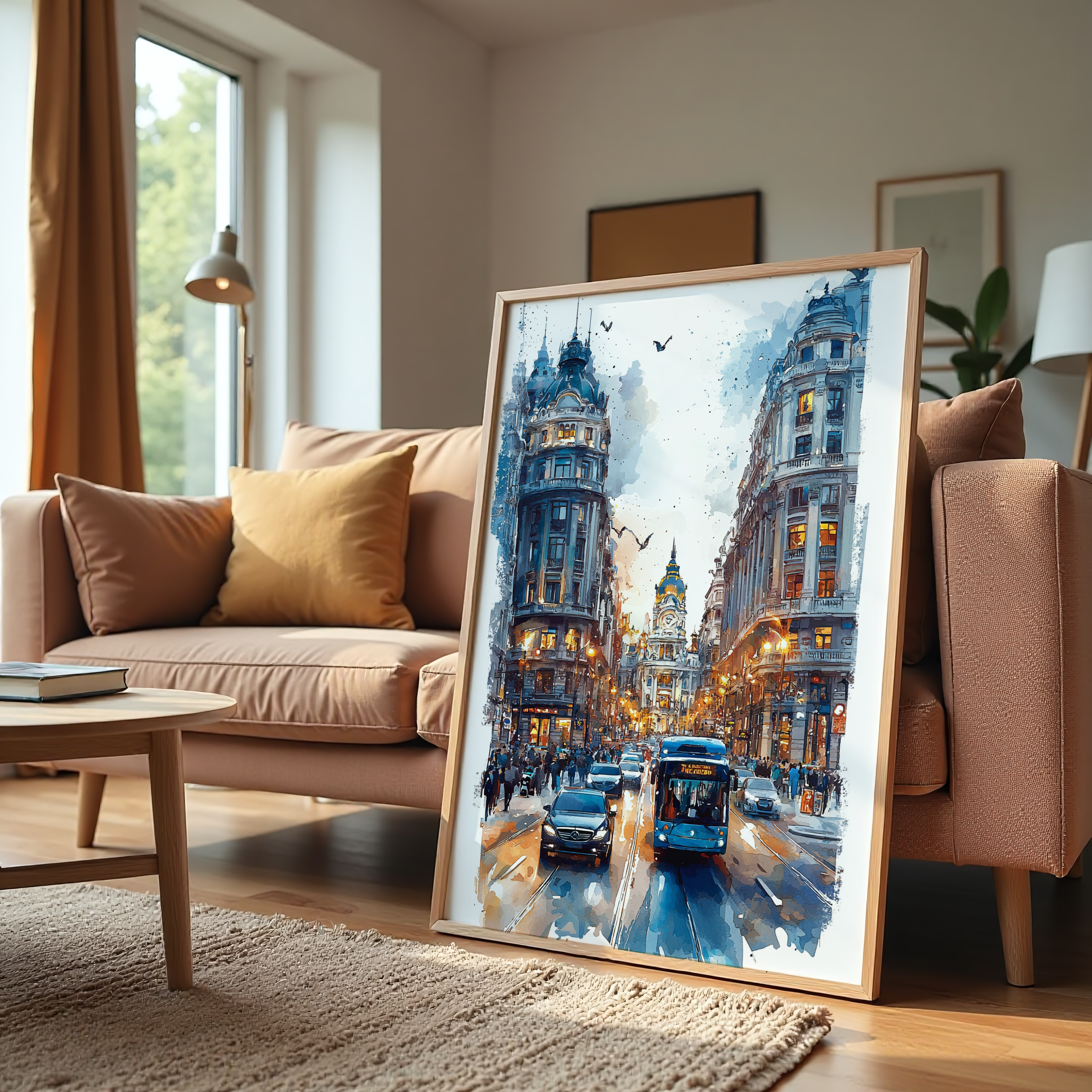 Watercolor illustration of European city street with cars and buildings