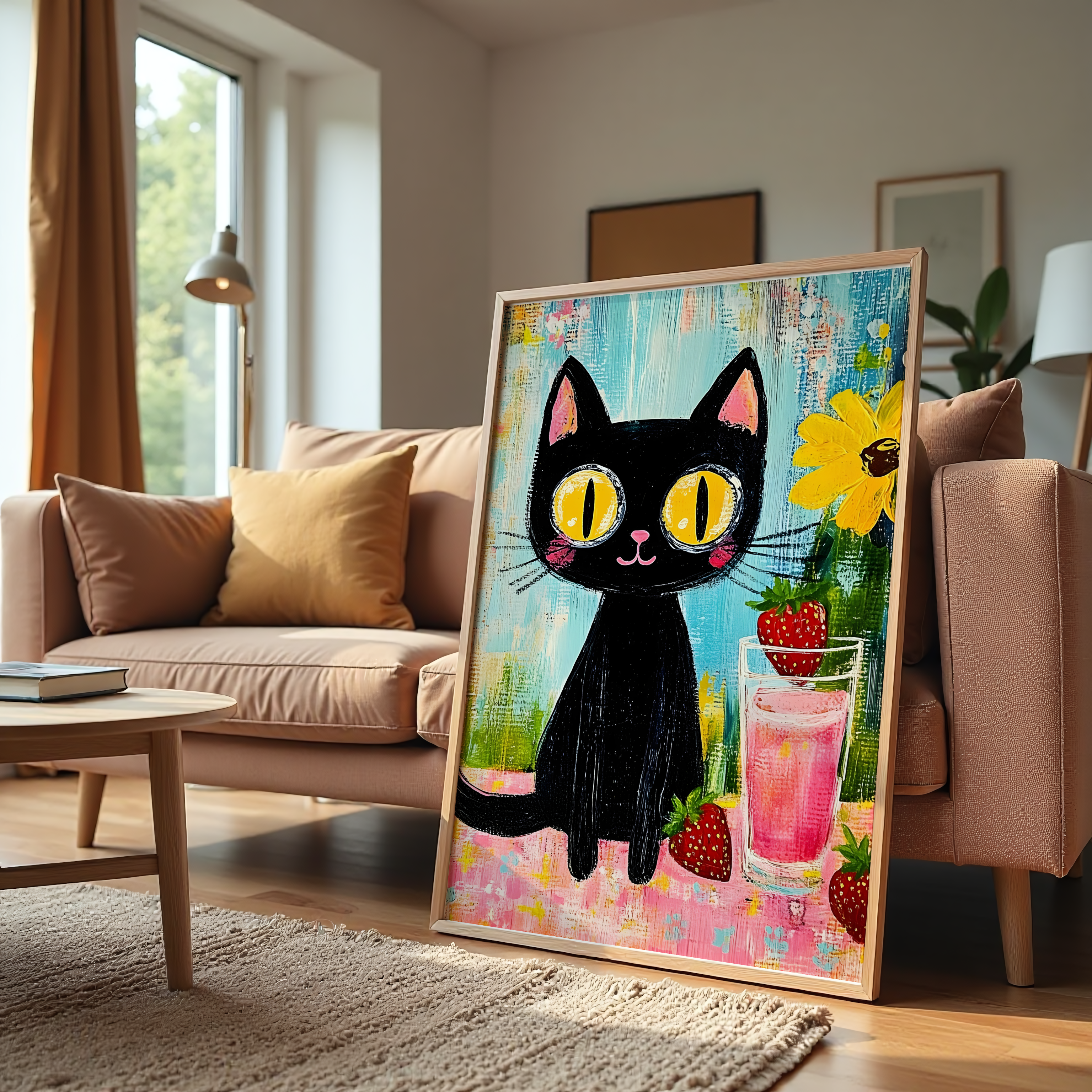 Whimsical black cat wall art with yellow eyes and strawberry milk