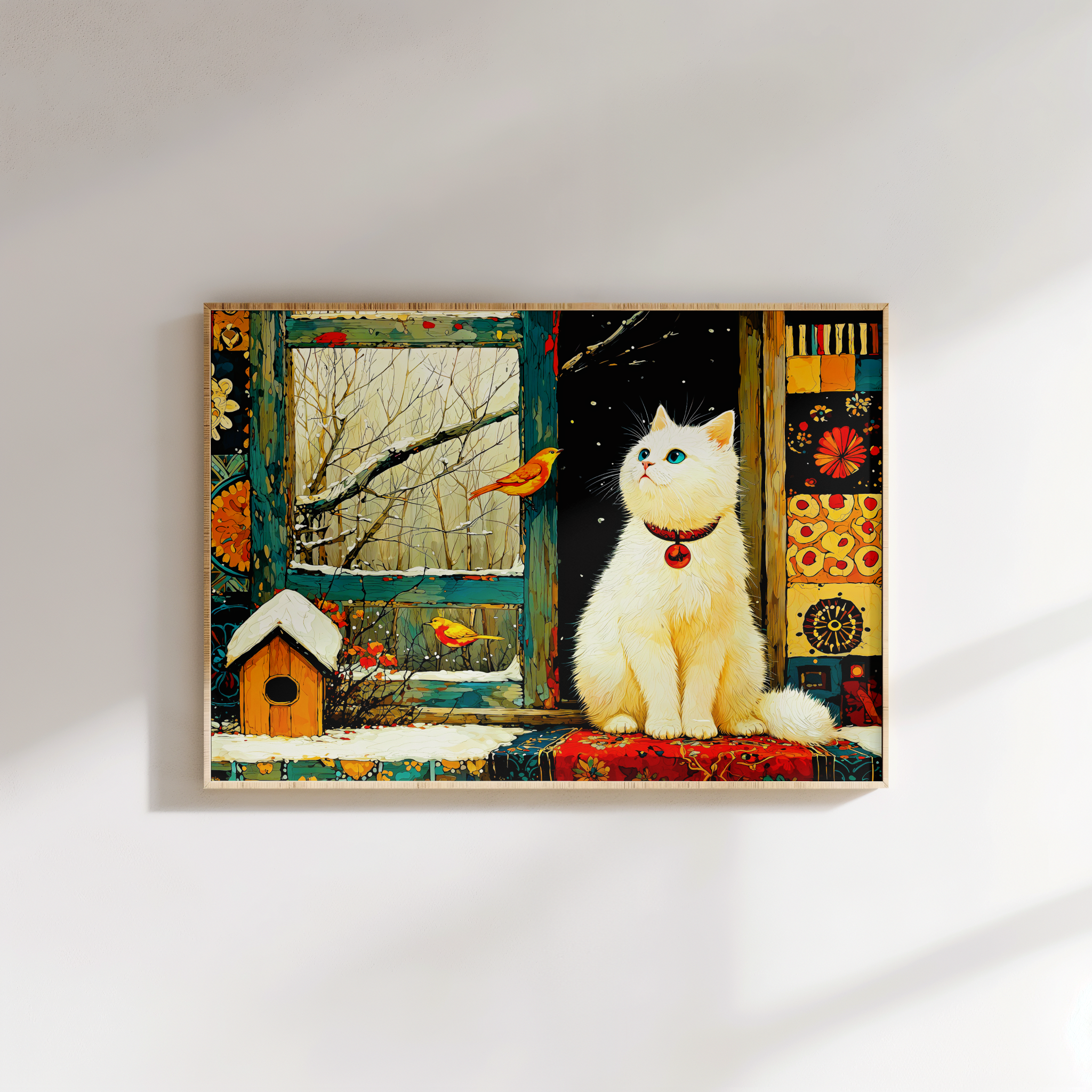 Framed artwork of a white cat sitting by a window with autumn scenery.
