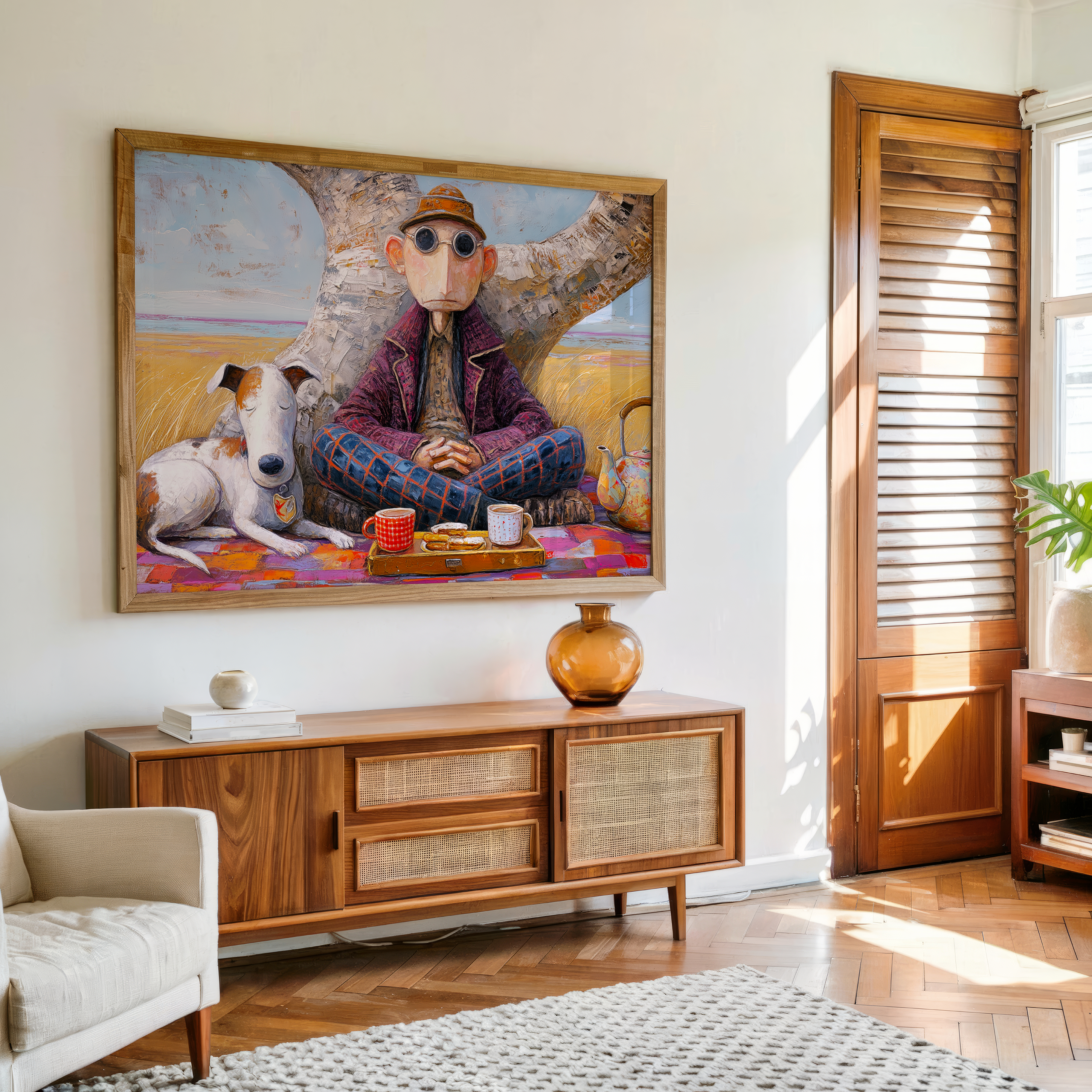 Quirky canvas painting of man in glasses with dog, tea kettle, and snacks under tree