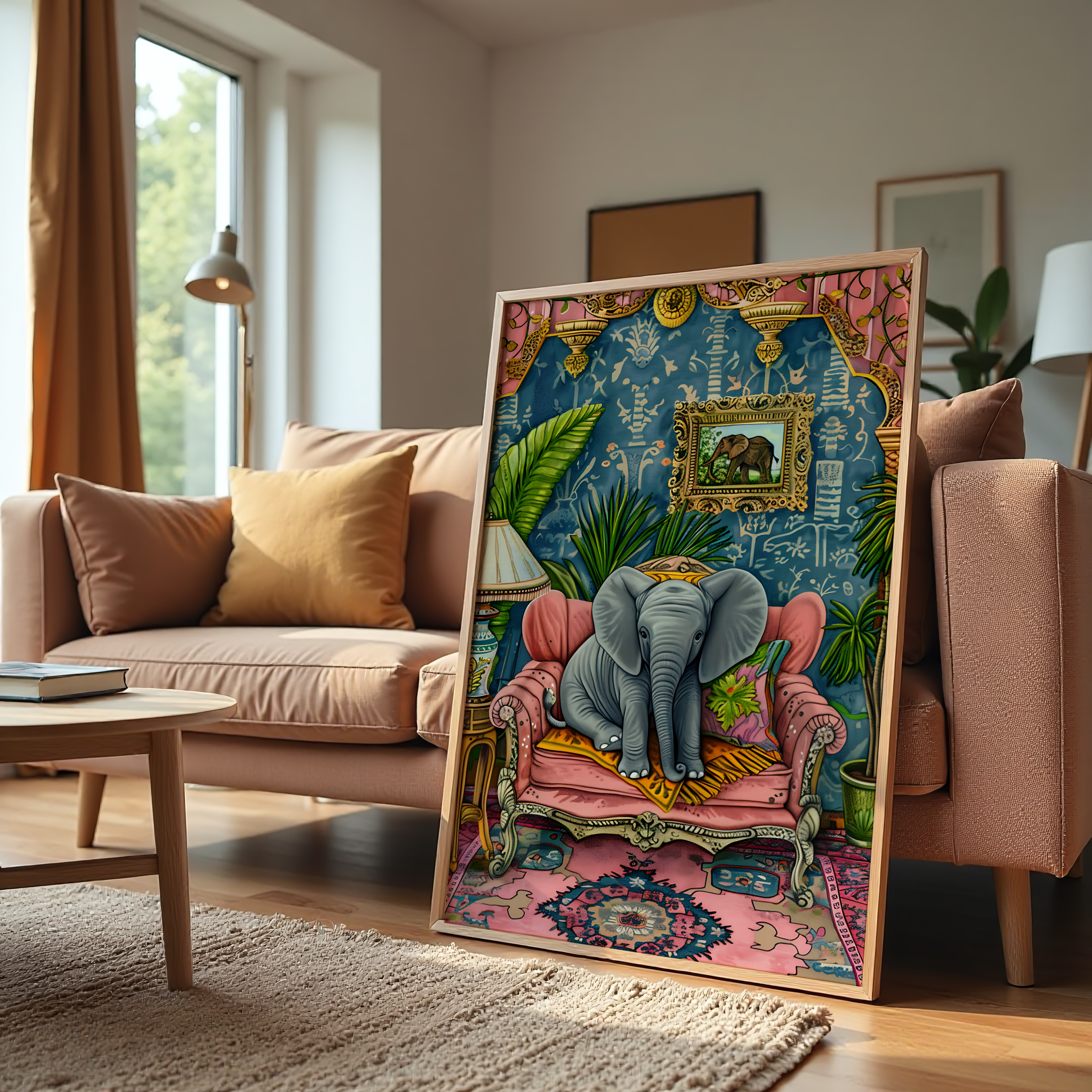 Whimsical elephant painting in stylish room décor