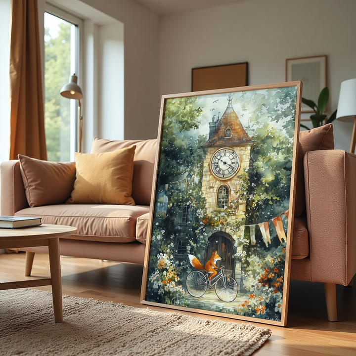 Whimsical fox riding a bicycle past a vintage clock tower surrounded by flowers and greenery