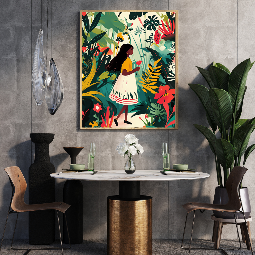 Whimsical illustrated wall art featuring a girl walking through nature
