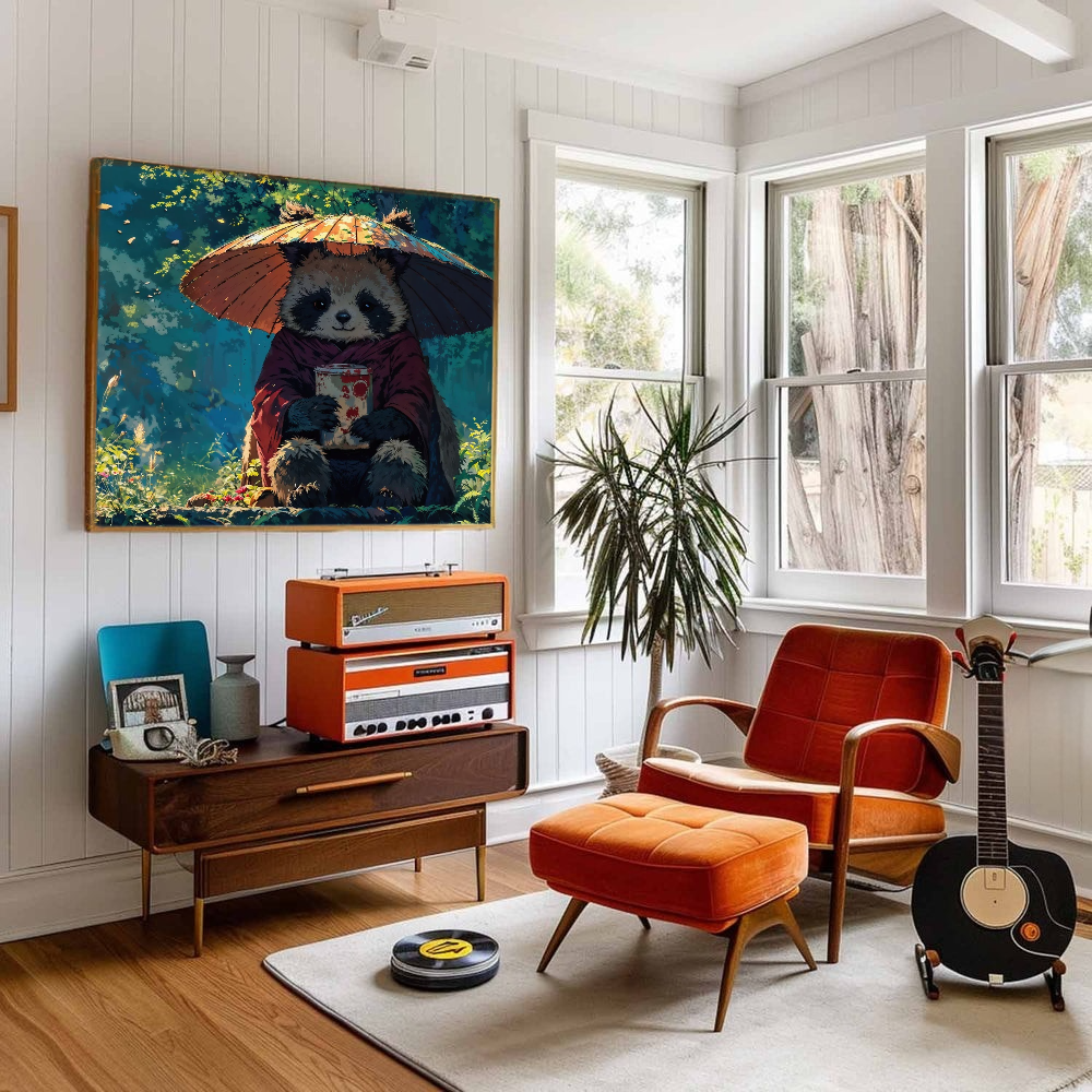 Whimsical panda wall art in a cozy living room with natural light, wooden furniture, and soft neutral decor – perfect for modern playful interiors.