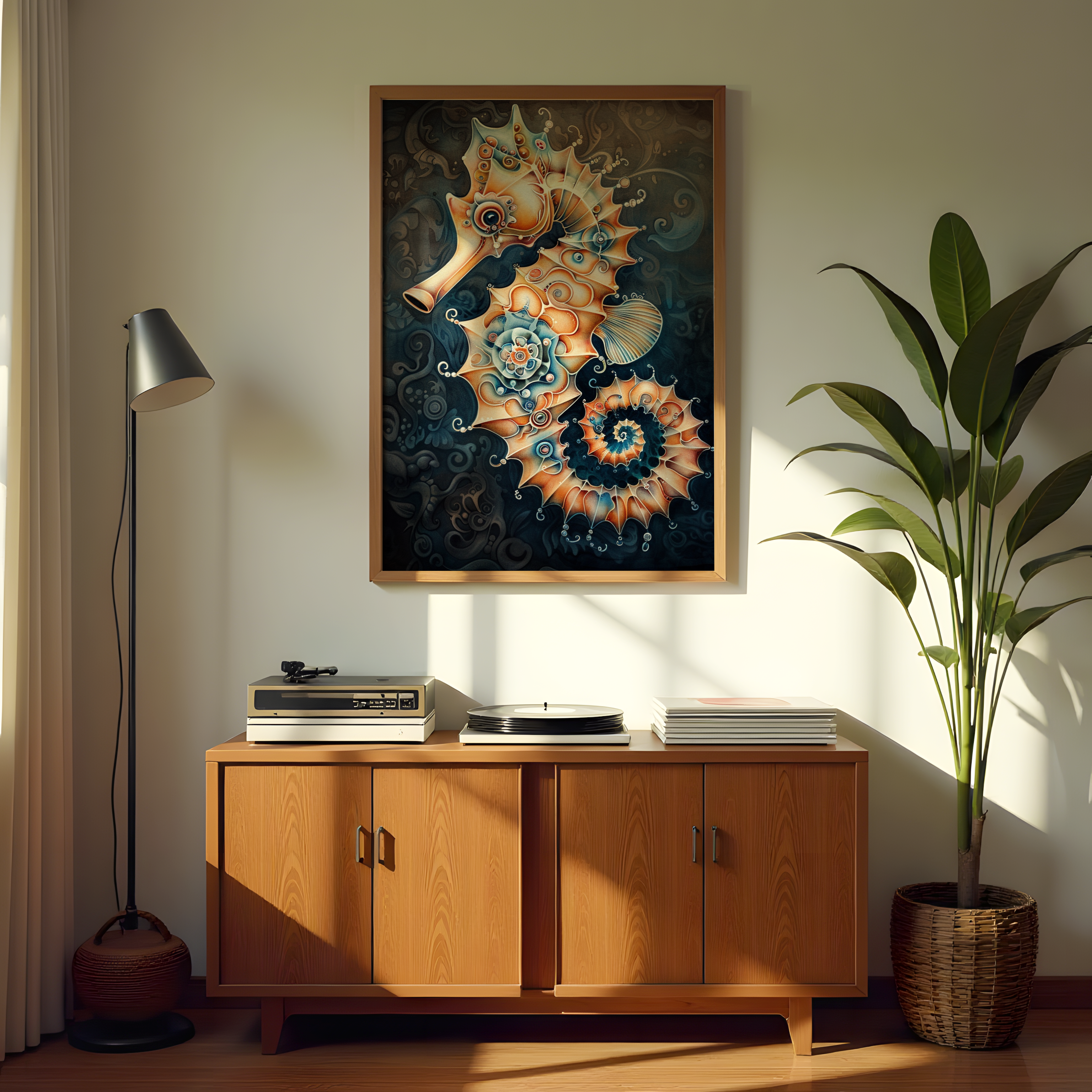 Whimsical seahorse abstract art print with intricate underwater design