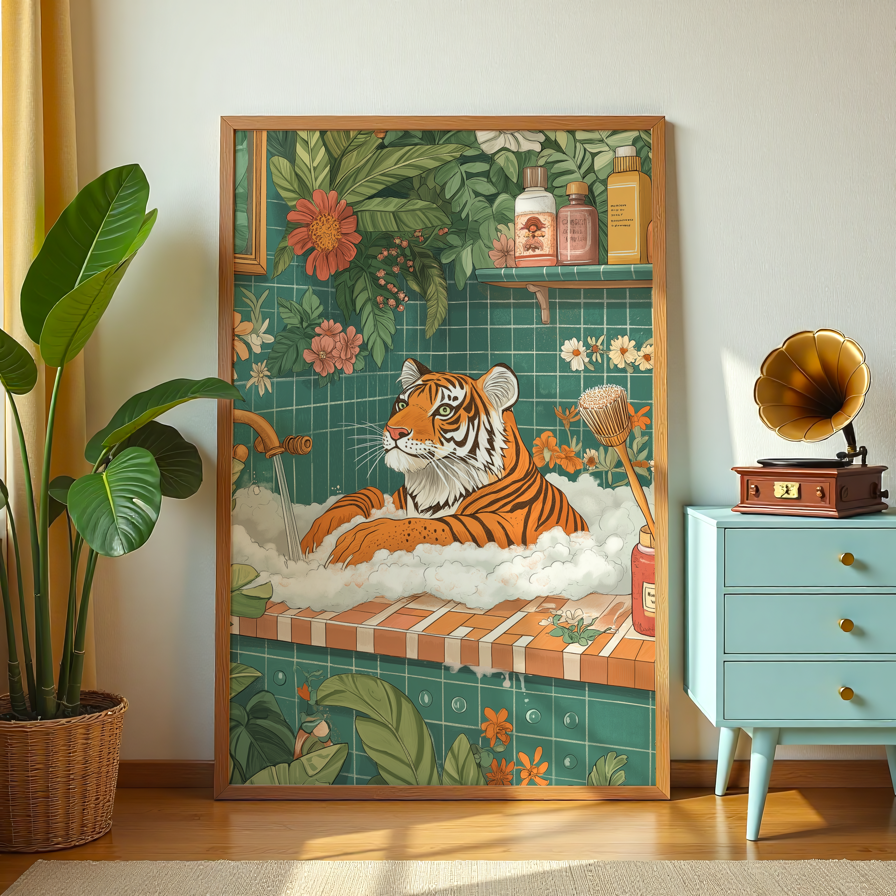 Whimsical tiger bathroom painting with tropical plants and foamy bubbles.