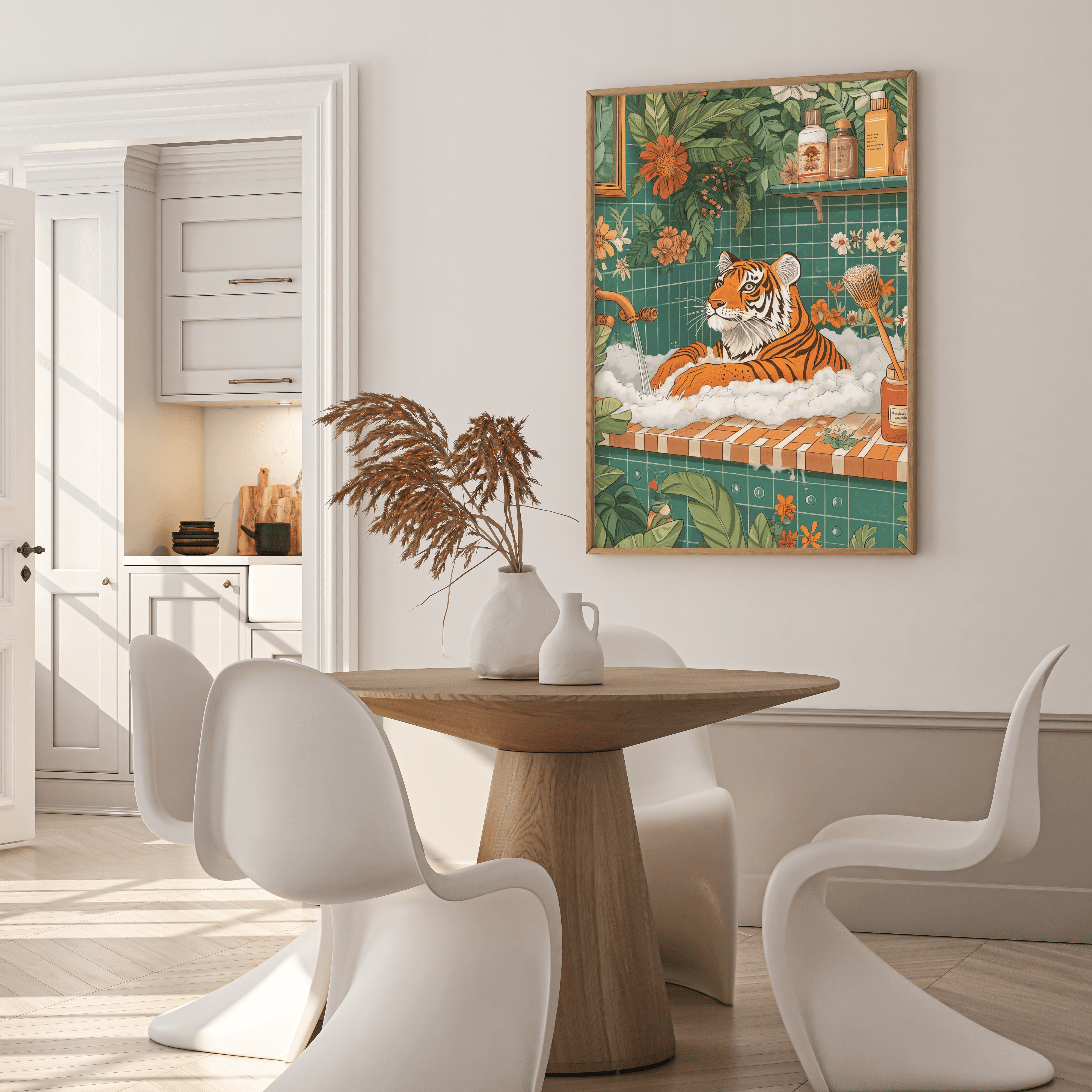 Dining room with a wooden table and white chairs, featuring a colorful tiger painting on the wall.