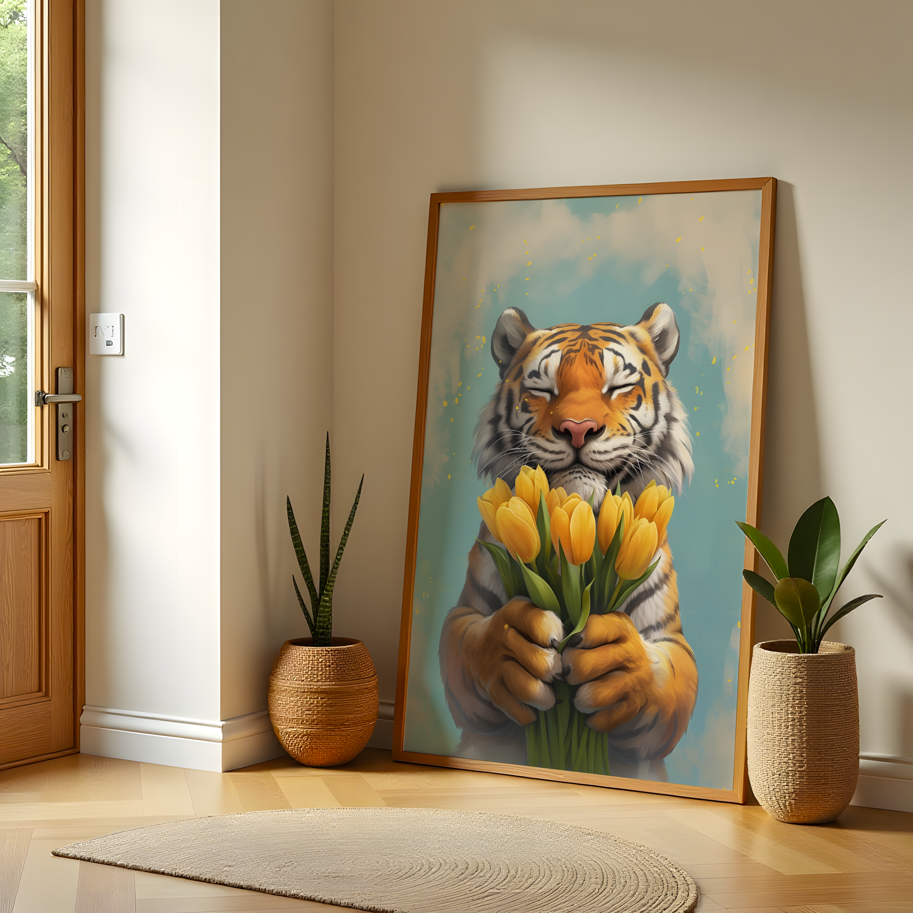 Cute and peaceful tiger wall decor with tulips and soft colors

